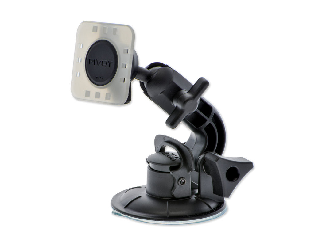 A black car phone mount with a suction cup base and adjustable arm. The mount has a rectangular holder with the brand name "PIVOT" visible on the front. The suction cup is designed to attach to a car dashboard or windshield for hands-free phone use.