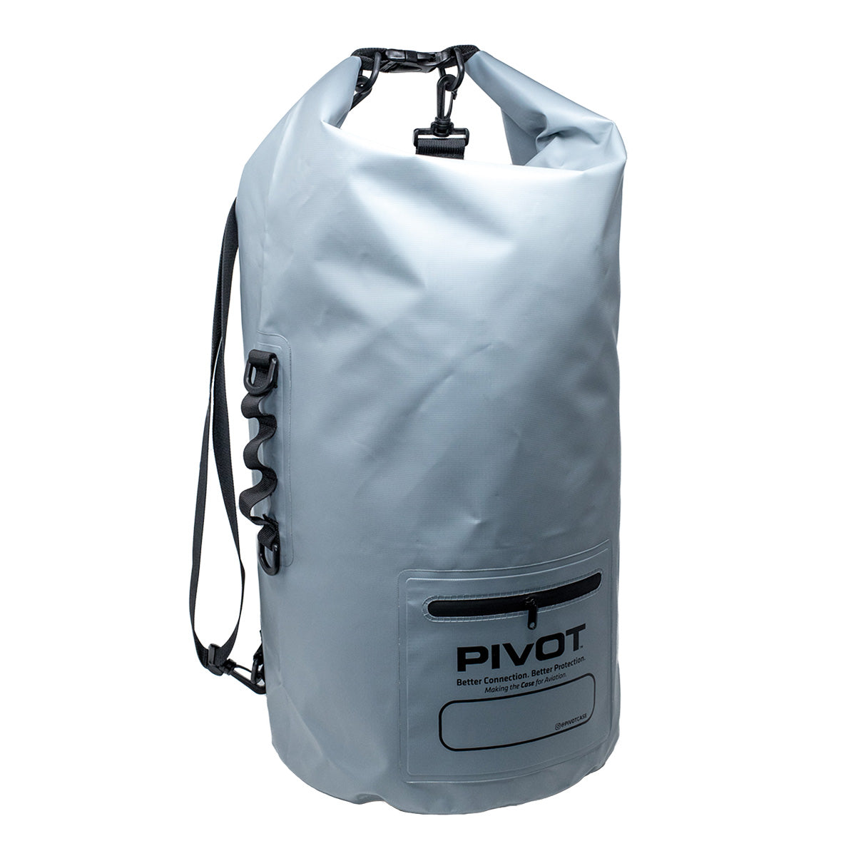 A gray, cylindrical dry bag with the brand name "PIVOT" printed on the front. The bag features a roll-top closure with a buckle, a front zipper pocket, and adjustable carrying straps. The text on the bag reads "Better Connections, Better Protection."
Product Name: PIVOT Wet Dry Bag
Brand Name: PIVOT