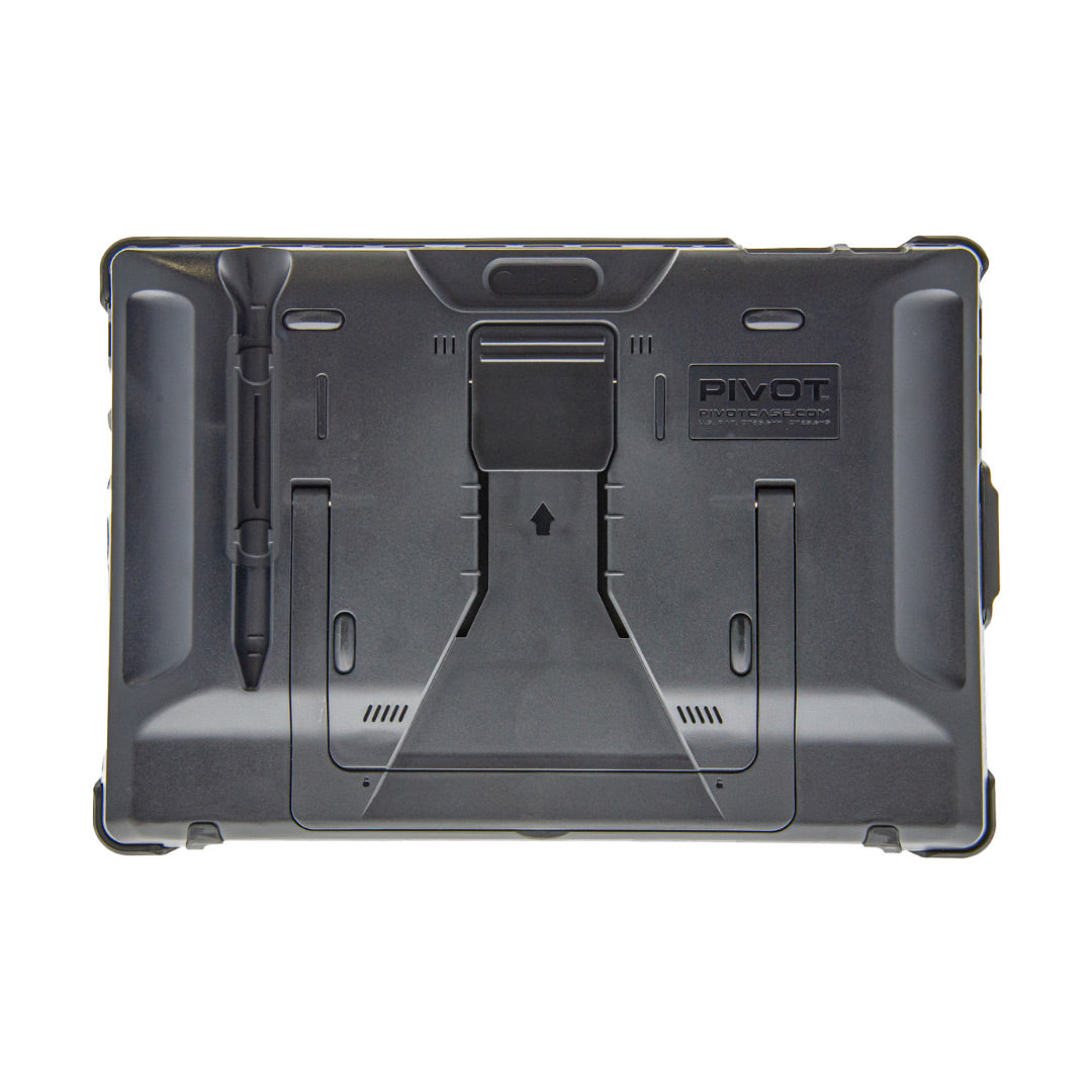 A rugged black case designed for a Surface Pro S, featuring a built-in kickstand and stylus holder. The back has grooves, a hand strap, the brand name "PIVOT," and multiple openings likely for buttons and ports. The case appears durable and functional for heavy use.