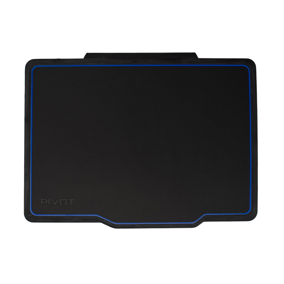 A black Pro 105 Folio Cover with a slim rectangular design. It has a blue border around the edges and the brand name "PIVOT" displayed in the bottom left corner. The surface appears to be mesh-like for ventilation.