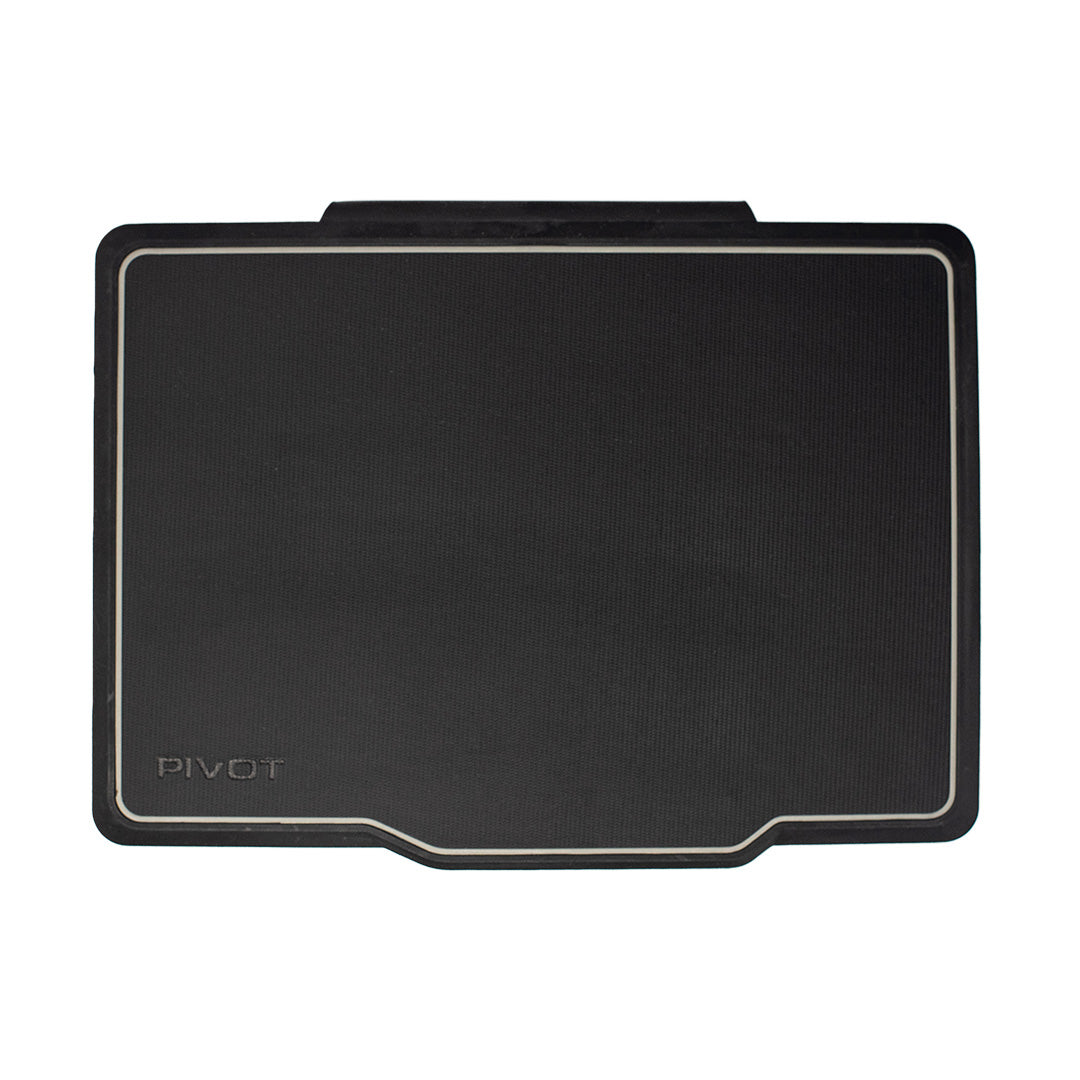 A rectangular black Pro 105 Folio Cover with rounded edges and a light gray border. The top center has a slightly protruding section, and the bottom center has a small cut-out. The word "PIVOT" is printed in gray in the bottom left corner.