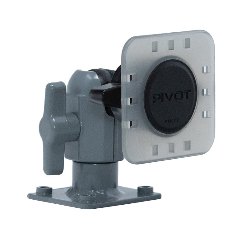 A gray and black adjustable pivoting mount with a square base and a turnable knob for securing the desired angle. The front features a detachable faceplate that has the word "PIVOT" printed in the center, and there are four visible screw holes for installation. The product is called Flush Permanent Mount (AMPS Plate) - New Hardware Option (NHO) by PIVOT.