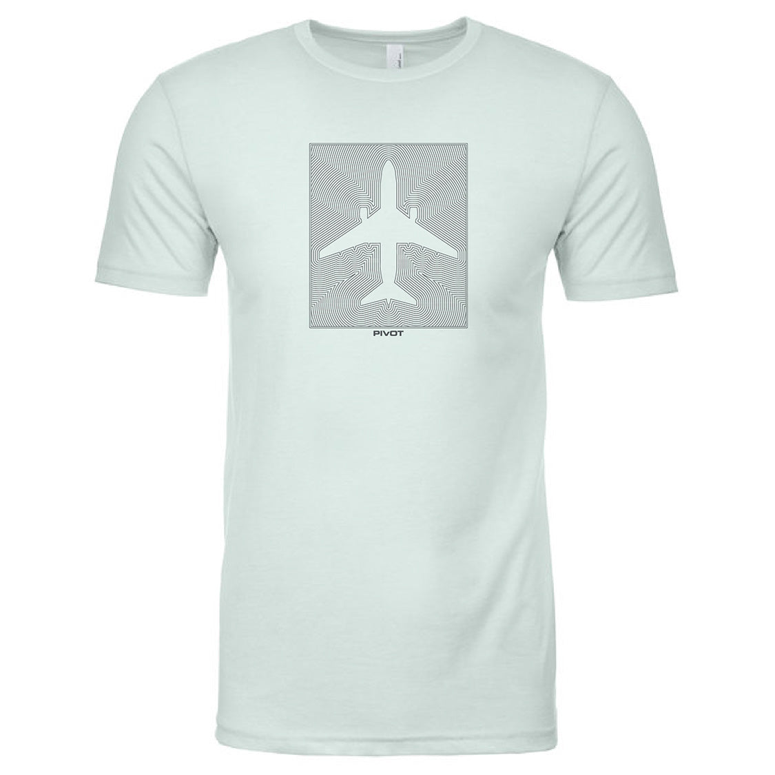 A light green t-shirt featuring a geometric white airplane graphic in the center. The airplane is portrayed from a top-down view, with lines radiating from it, and the word "PIVOT" is printed beneath the graphic. This is the Boeing 767 Optical Tee by PIVOT. For accurate sizing information, please refer to the body width and body length measurements.