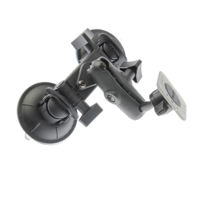 The image shows a PIVOT Double Suction Cup Mount - 1-inch Ball Arm, typically used for attaching devices to surfaces like windshields or dashboards. It has two large suction cups connected by a black, adjustable arm with multiple hinges and a mounting plate on one end.