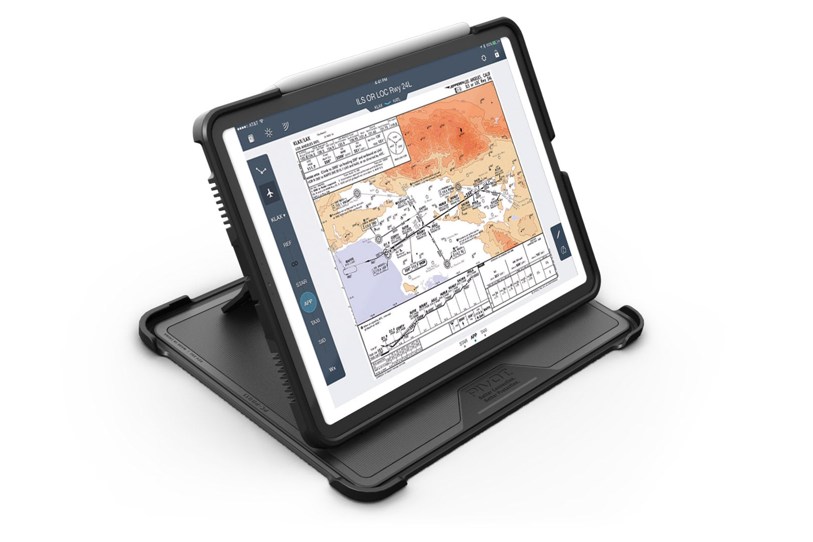 A protective case with a collapsible stand fits an iPad Pro 11-inch, 1st generation, displaying an aviation chart on the screen. The chart details flight paths and geographic information across a map. The PIVOT PIVOT PRO 11 (1st generation) and stand rest on a white surface.