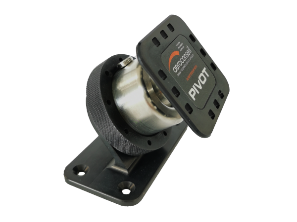 A metal device with a slanted base, cylindrical central component, and a rectangular top labeled "PIVOTCASE STC Mounts." The base has two mounting holes. This specialized bracket is ideal for STC mounts and similar applications.