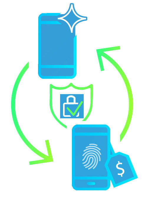 Digital illustration depicting a secure mobile payment process. Two smartphones are shown with green arrows indicating a transaction flow between them. One phone displays a fingerprint and a dollar symbol, while a shield with a checkmark represents security.