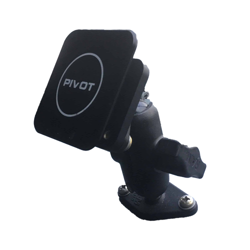 A PIVOT-branded device mount attached to a surface with screws. The mount includes a rectangular holder with a black, circular pad featuring the PIVOT logo. It is adjustable with a knob for positioning and securing the holder for electronic devices.