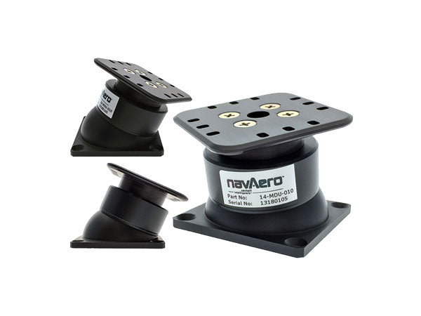 Three views of a black NaVero device mount with a silver and white label. The mount features a square base with four screw holes and a top attachment plate also with screw holes. The mount is shown from different angles displaying its adjustable design.