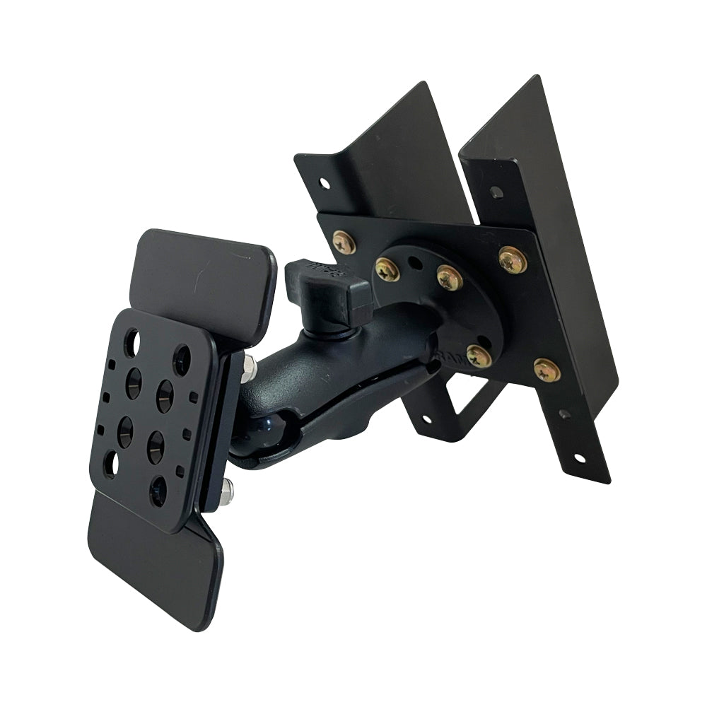 A black wall mount bracket for a monitor or TV, featuring multiple pivot points for adjustable angles. It has several screw holes for mounting and a sturdy build, designed for secure placement and ease of use.