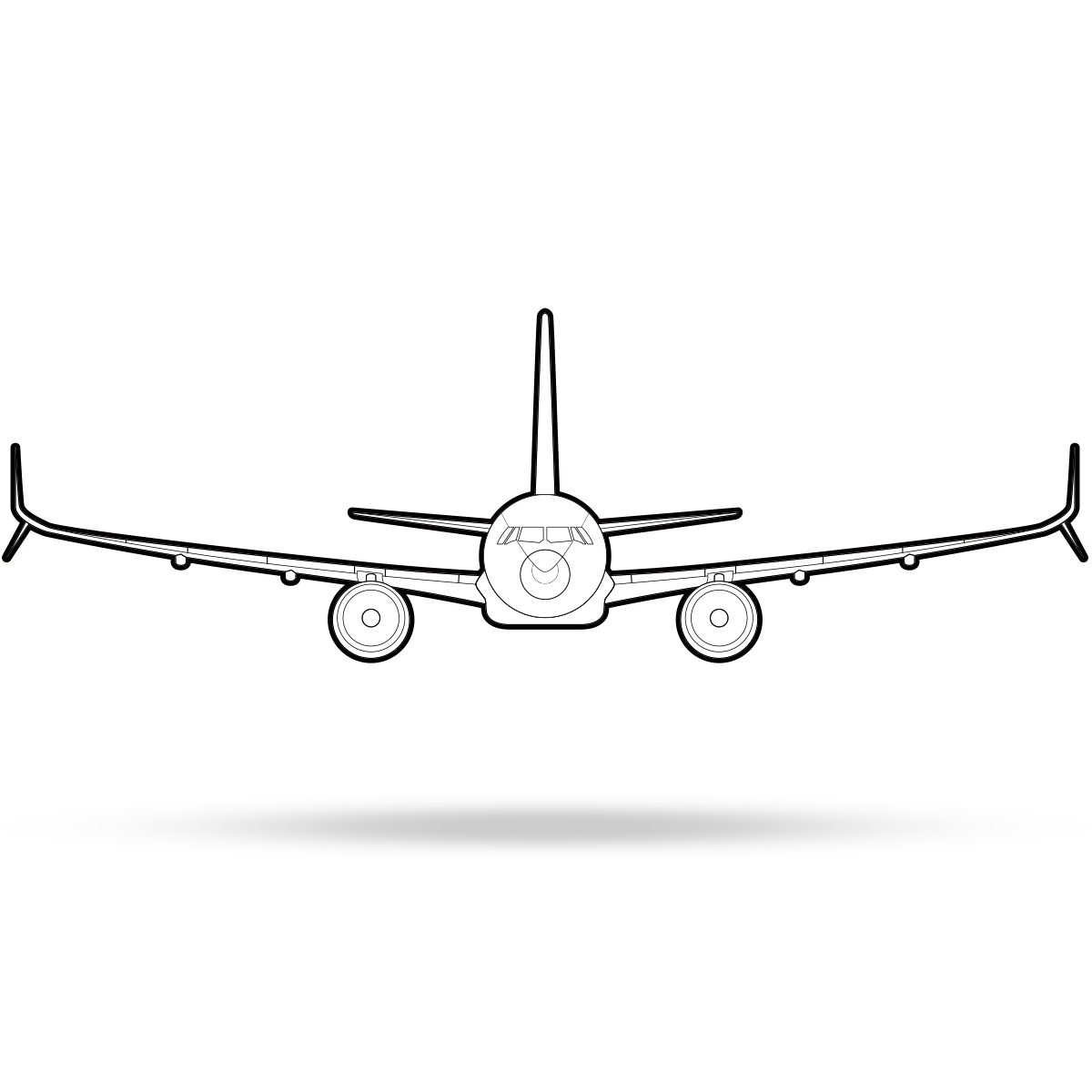 A black and white line drawing of an airplane viewed from the front. The aircraft has a distinct nose, two engines under the wings, and a tall vertical stabilizer at the back. The wings stretch out wide with slight upturned wingtips.
