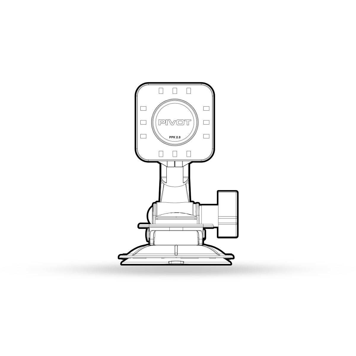 A black-and-white technical drawing of a PIVOT-branded device labeled "MK1.5." The device is mounted on a suction cup base and appears to be a camera or sensor, with a square front face displaying the brand name. The background is plain.