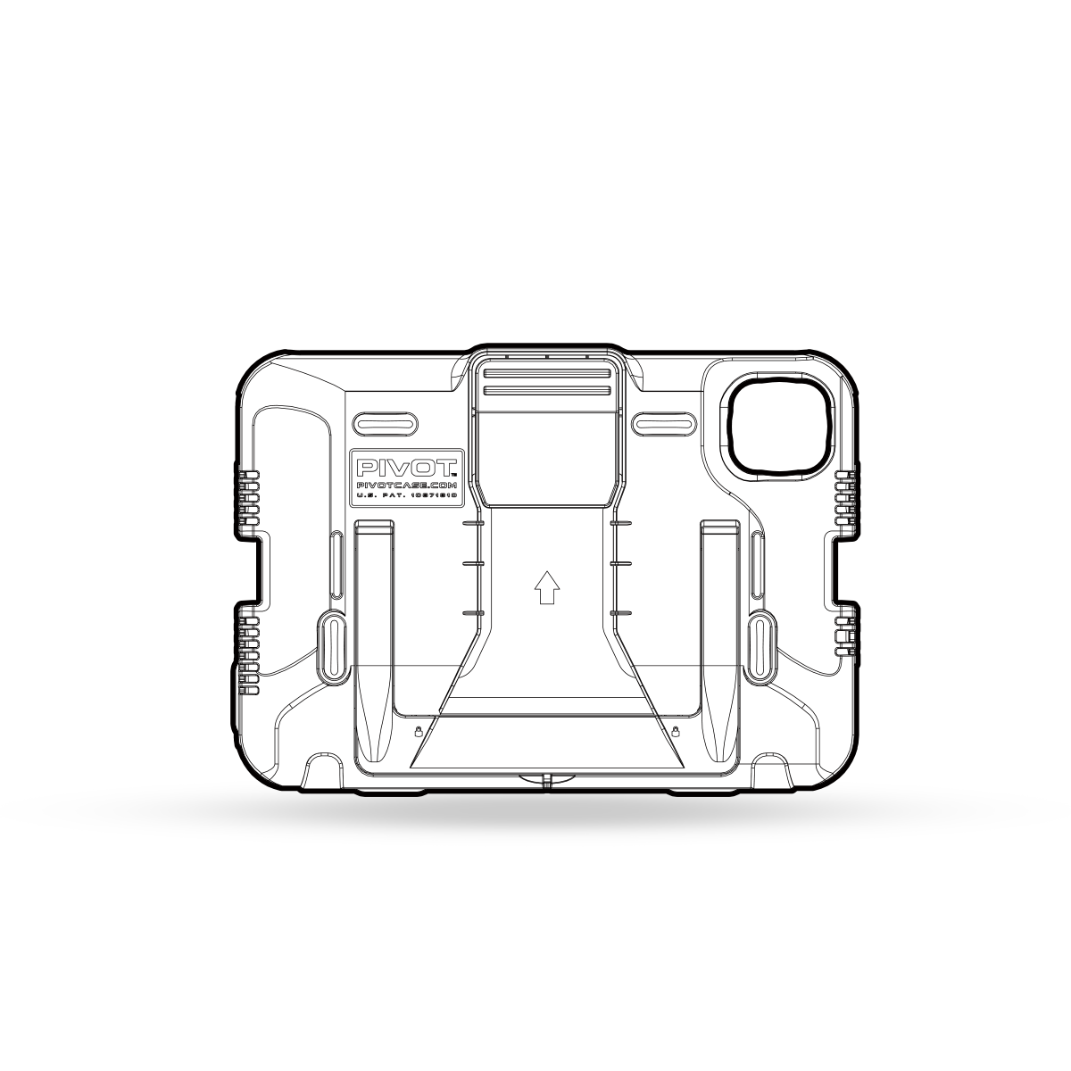 A detailed technical drawing of a rugged, protective case labeled "PIVOT" with a prominent groove and arrow in the center, indicating an area for attachment. The case appears to be for a rectangular device with rounded corners and a camera cutout on the top right.