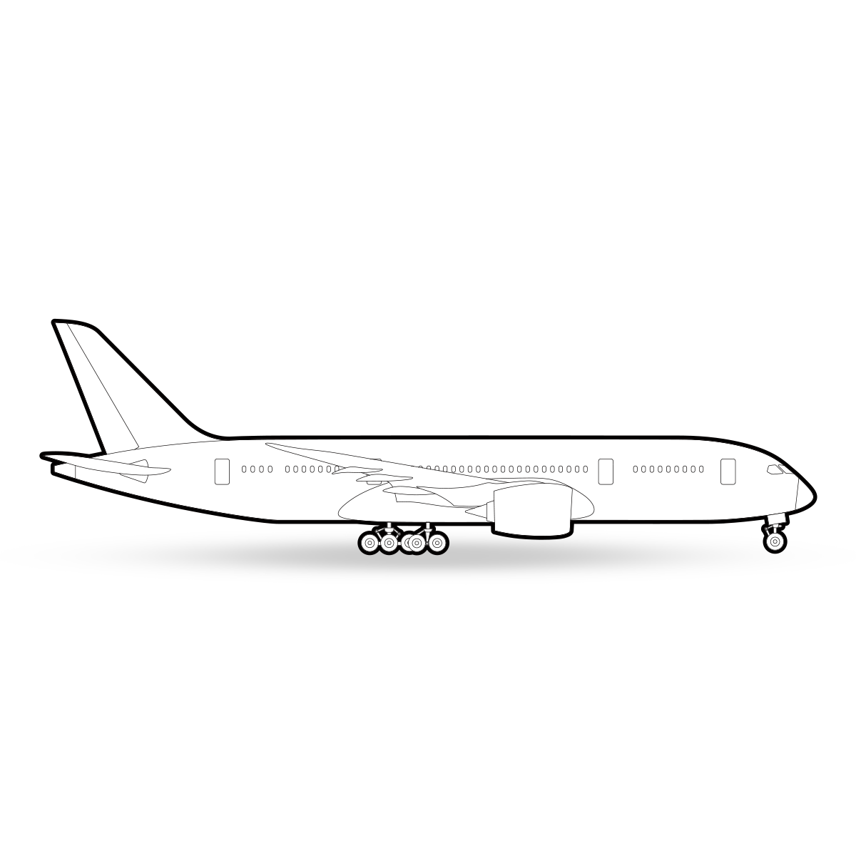 A black and white line drawing of a commercial airplane with two engines, resting on a flat surface. The aircraft is shown in a side profile view, highlighting its fuselage, wings, and landing gear.