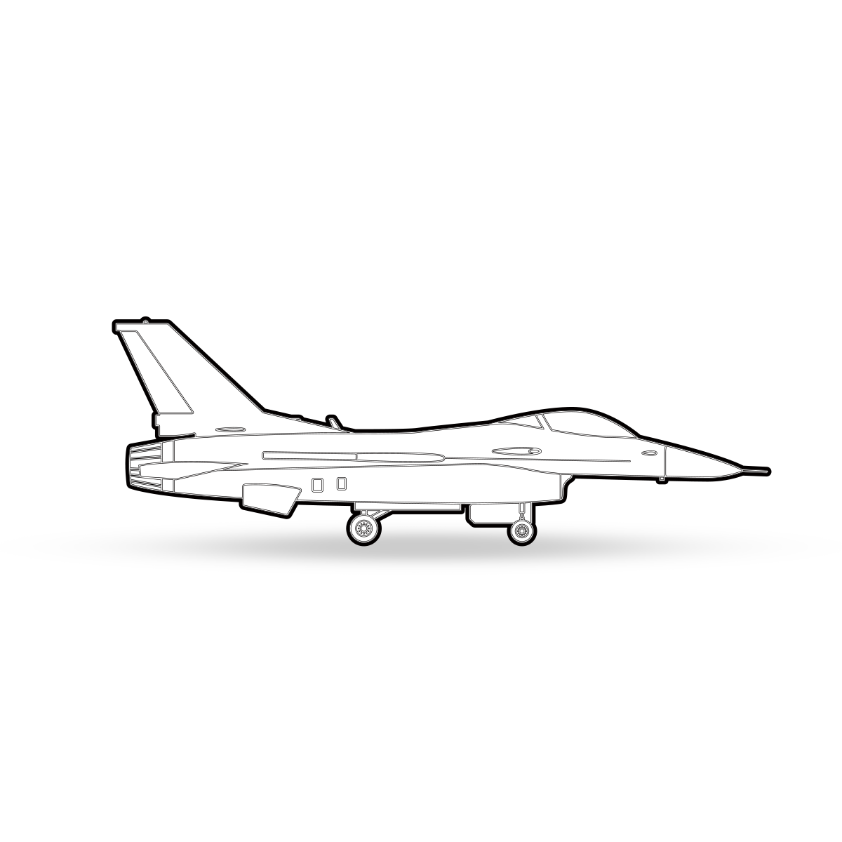 A line drawing of a military fighter jet on a runway. The jet has a sleek, aerodynamic design with a single vertical tail fin, a pointed nose, and two underwing fuel tanks. Its landing gear is extended, indicating that it is either landing or preparing for takeoff.