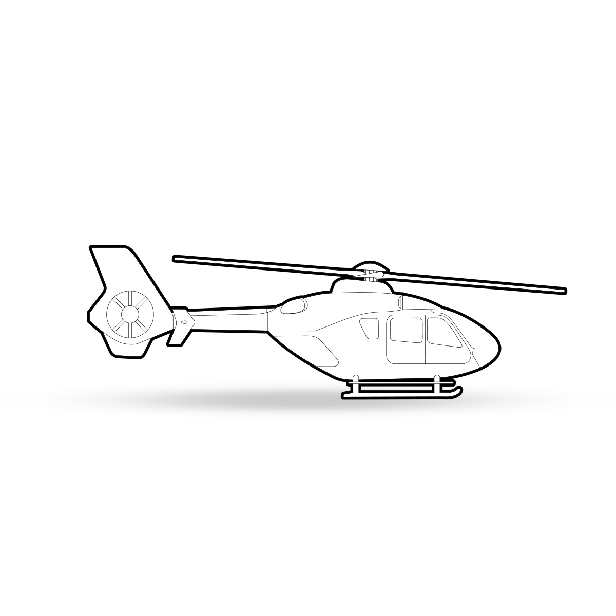 A black-and-white line drawing of a helicopter, depicted from the side. The helicopter features rotor blades, a tail rotor, landing skids, and a streamlined fuselage with windows, set against a white background with a horizontal black stripe beneath it.