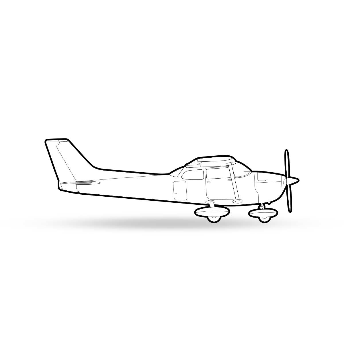 A black and white line drawing of a small single-engine airplane on a runway. The plane has a propeller at the front and is shown in a side view profile with its landing gear extended.