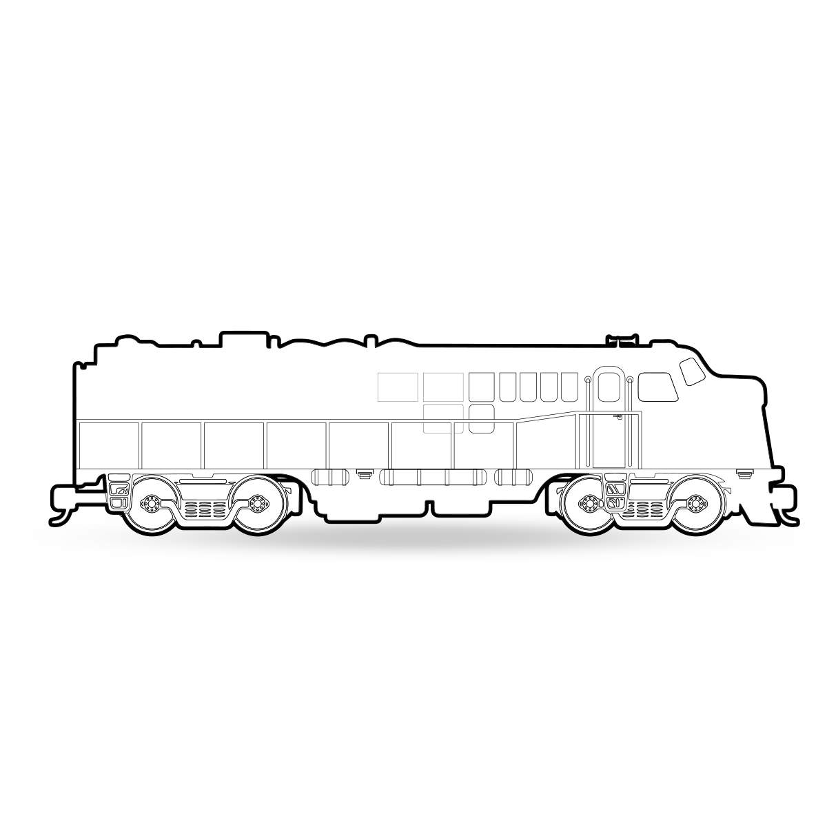 Outline drawing of a diesel locomotive side view. The details of the engine, including the wheels, windows, and various contours, are highlighted in black against a white background.