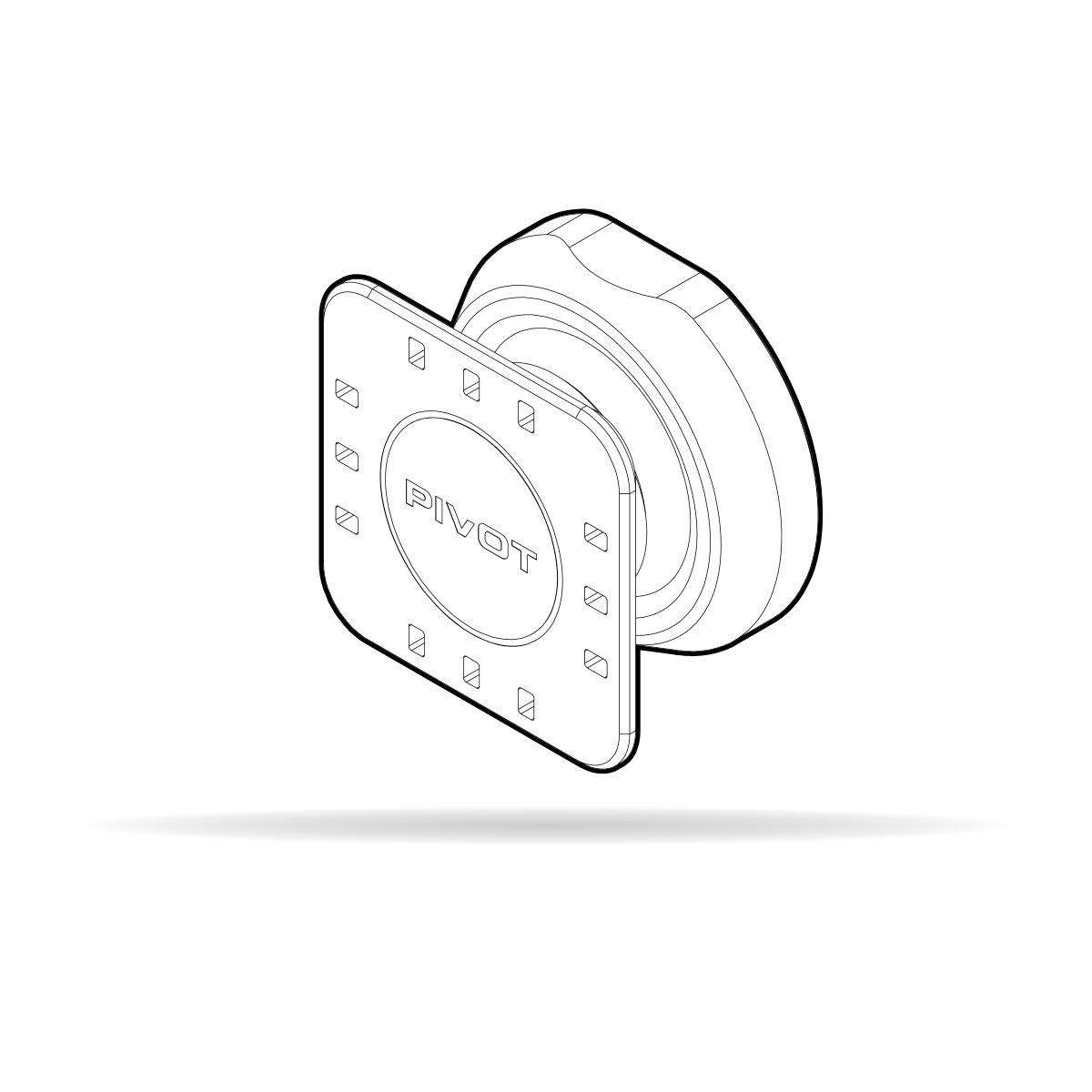 Isometric illustration of a Pivot-branded electronic device featuring a square faceplate with mounting points arranged around its perimeter. The square faceplate is attached to a round base, depicted with shadows below indicating a floating effect.