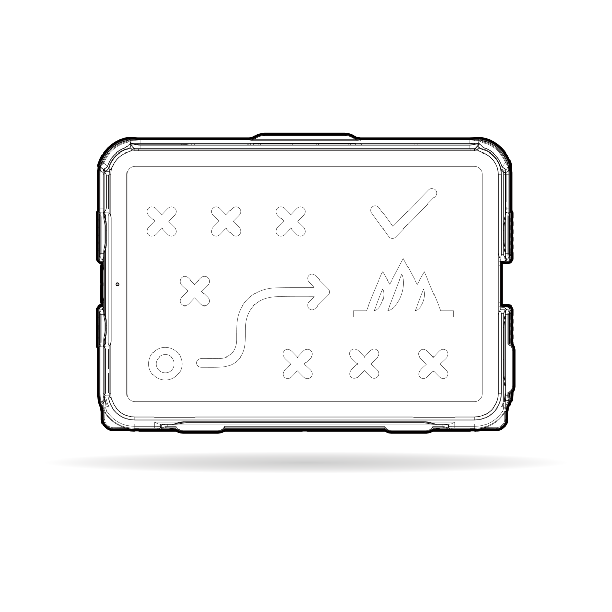 A tablet displaying a strategy game diagram, featuring an arrow moving around obstacles, denoted by X's and a circle, toward a checkmark. The screen is encased in a rugged protective cover, and the tablet is shown in a white outline against a black background.