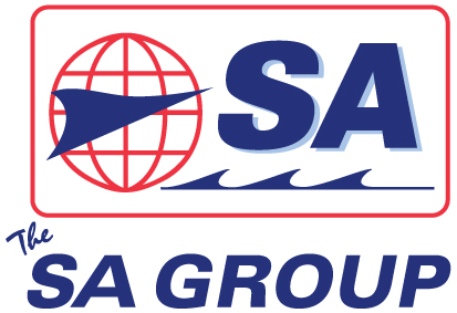 A logo featuring a red outline of a globe with a blue airplane flying across it. To the right, large blue letters "SA" and below, in smaller blue text, "The SA Group" written in a stylized font with the "SA" underlined by a blue wave-like line.