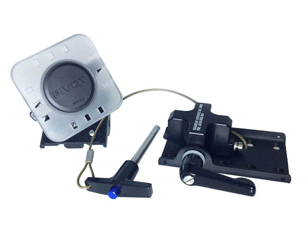 An image of a black and silver BYOT bow mount trolling motor steering kit, featuring a steering mechanism with a handle, a mounting bracket, and a foot pedal connected by a steel cable.