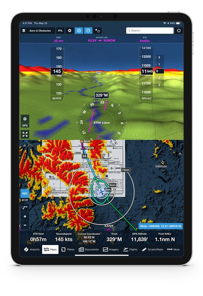 A tablet displaying a flight navigation app with maps. The top half shows terrain with altitude markers and a pink navigation line. The bottom half features a colored topographic map, flight path, and various flight data, including altitude and speed.