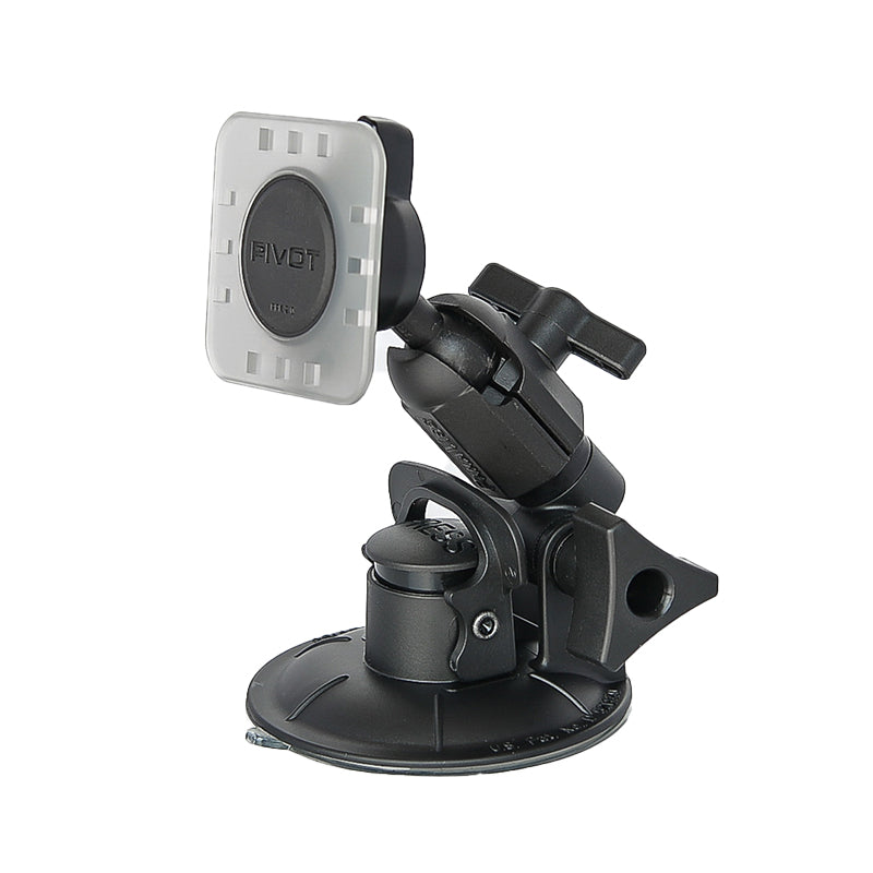 A black PIVOT Shorty Single Suction Cup Mount with an adjustable arm and pivoting head. The mount features a clamp and a knob for securing the device in place. The base has a suction mechanism for attaching the PIVOT Shorty Single Suction Cup Mount to smooth surfaces.