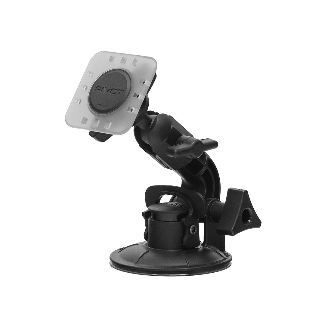 A PIVOT Single Suction Cup Mount with a square white attachment at the end of a flexible arm is shown. The mount has a suction cup base for securing it to surfaces. The central portion of the attachment has the text "PIVOT" engraved on it.