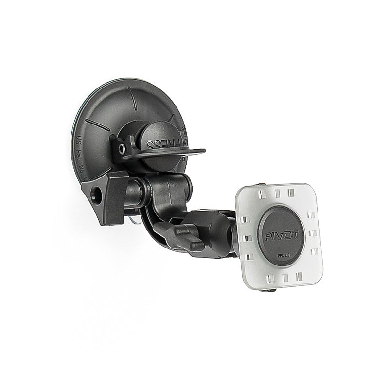 A PIVOT Single Suction Cup Mount with brand name "PIVOT" on the square attachment surface. The mount has adjustable joints and attaches to surfaces using the suction cup at the end.