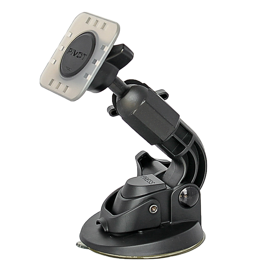 A black PIVOT Low Profile Single Suction Cup Mount with a suction cup base and adjustable arm. The mount has a square magnetic holder at the top. The base and arm are connected by a rotating joint, allowing for various positioning angles.