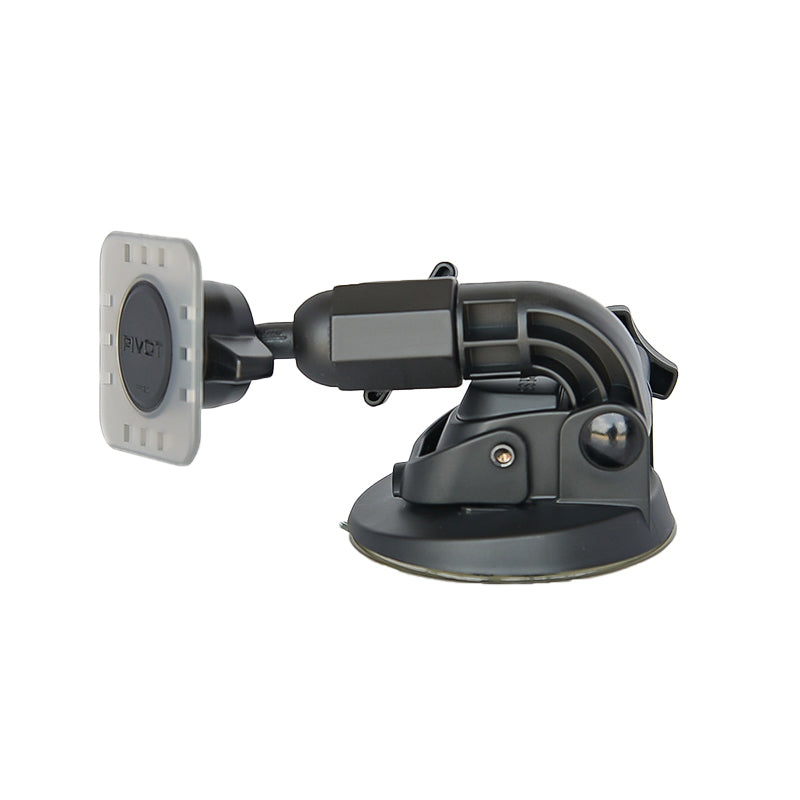 A close-up of the PIVOT Low Profile Single Suction Cup Mount with an adjustable arm and a square magnetic holder. The mount features various hinges and joints for customizable positioning. The design is sleek and modern with a mix of matte and glossy finishes.