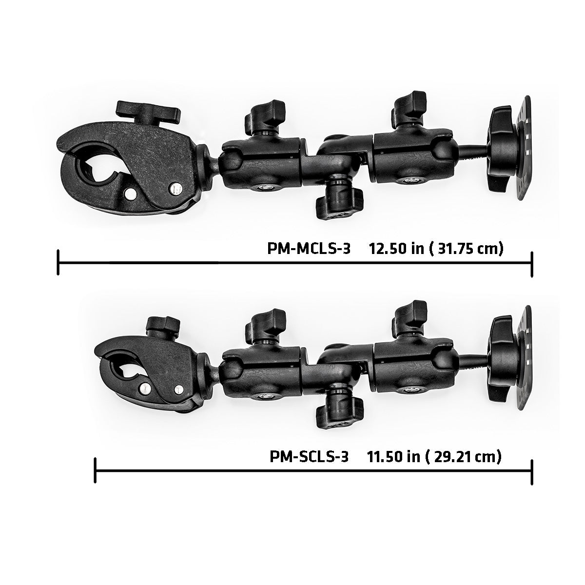 Image showing two PIVOT Articulating Claw Mounts - NEW for cameras or accessories. The top claw mount is labeled "PM-MCLS-3" and measures 12.50 inches (31.75 cm) in length. The bottom claw mount is labeled "PM-SCLS-3" and measures 11.50 inches (29.21 cm) in length.