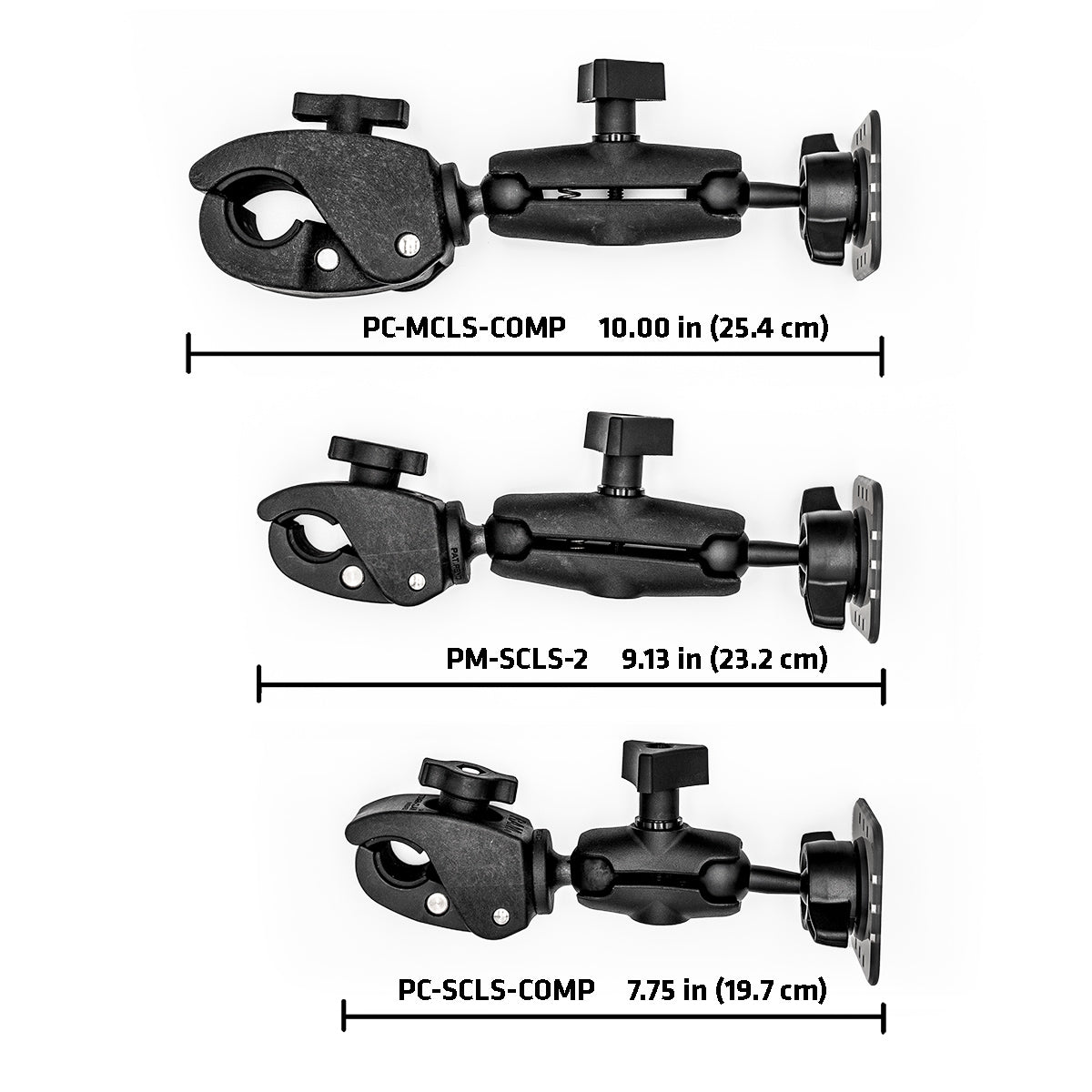 Three different adjustable **Claw Mounts** from **PIVOT** are shown against a white background with their dimensions listed. From top to bottom: PC-MCLS-COMP (10 in/25.4 cm), PM-SCLS-2 (9.13 in/23.2 cm), and PC-SCLS-COMP (7.75 in/19.7 cm).