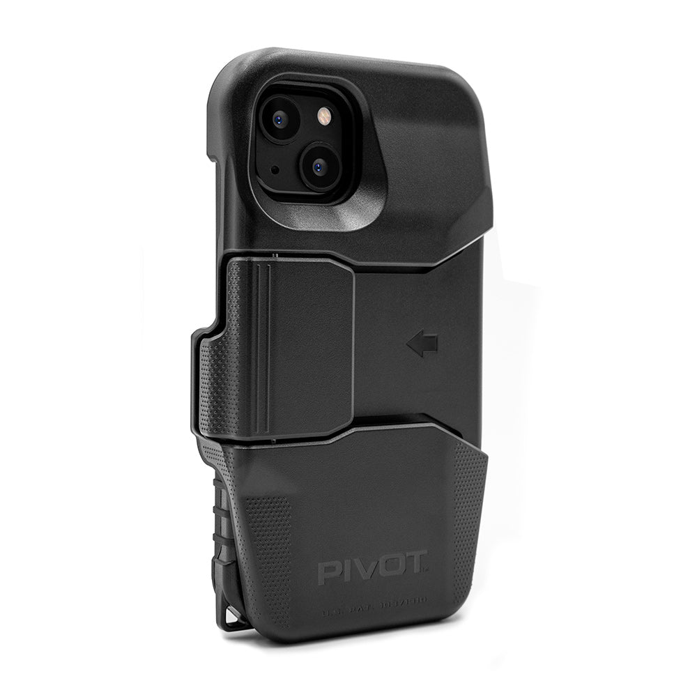 A black smartphone case with a rugged design and built-in belt clip, featuring a cutout for the camera and the word "PIVOT" embossed near the bottom. The case has a textured surface for better grip and a small arrow symbol indicating the belt clip mechanism. Only compatible with iPhone 13 or iPhone 14; does not fit Pro models. This is the PIVOT M23A.
