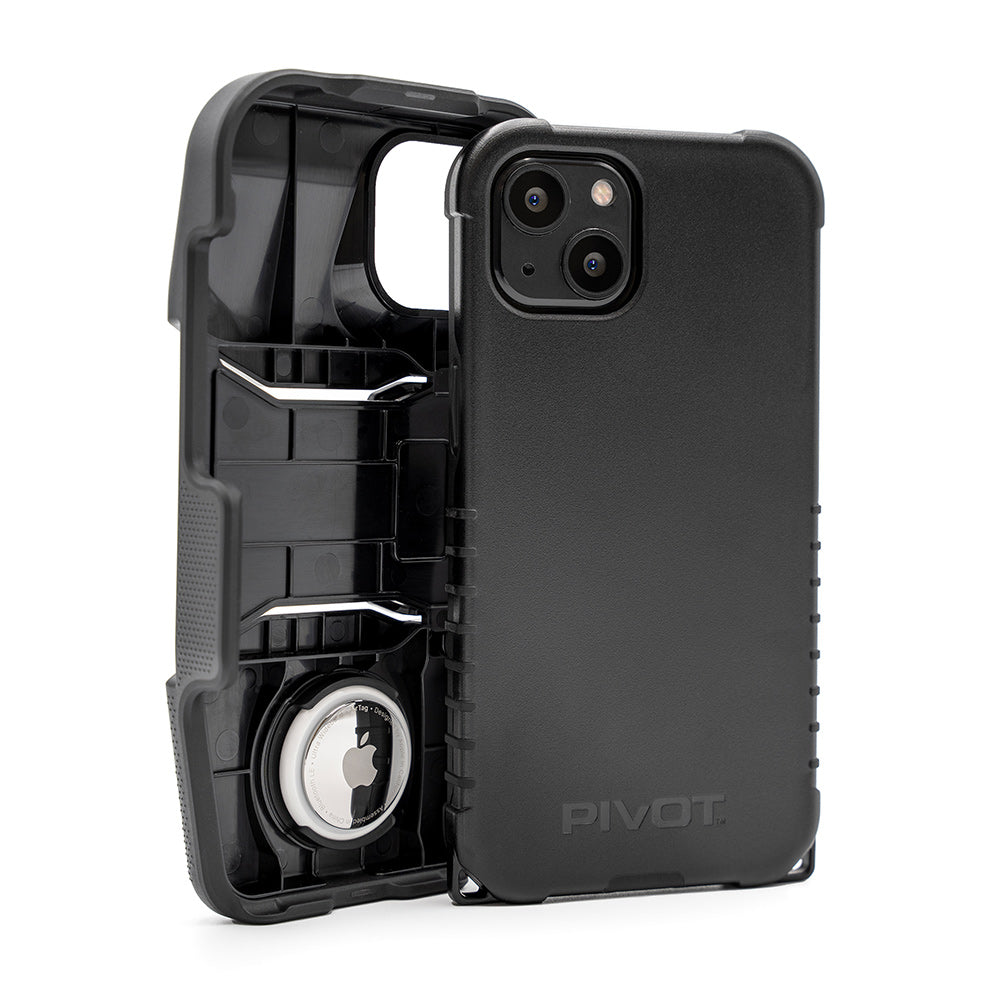A black PIVOT M23A phone case for an iPhone 13 or iPhone 14, partially open to reveal its internal compartments, including a slot holding an Apple AirTag. The case has textured sides and strategic cutouts for camera lenses and essential ports but does not fit Pro models.