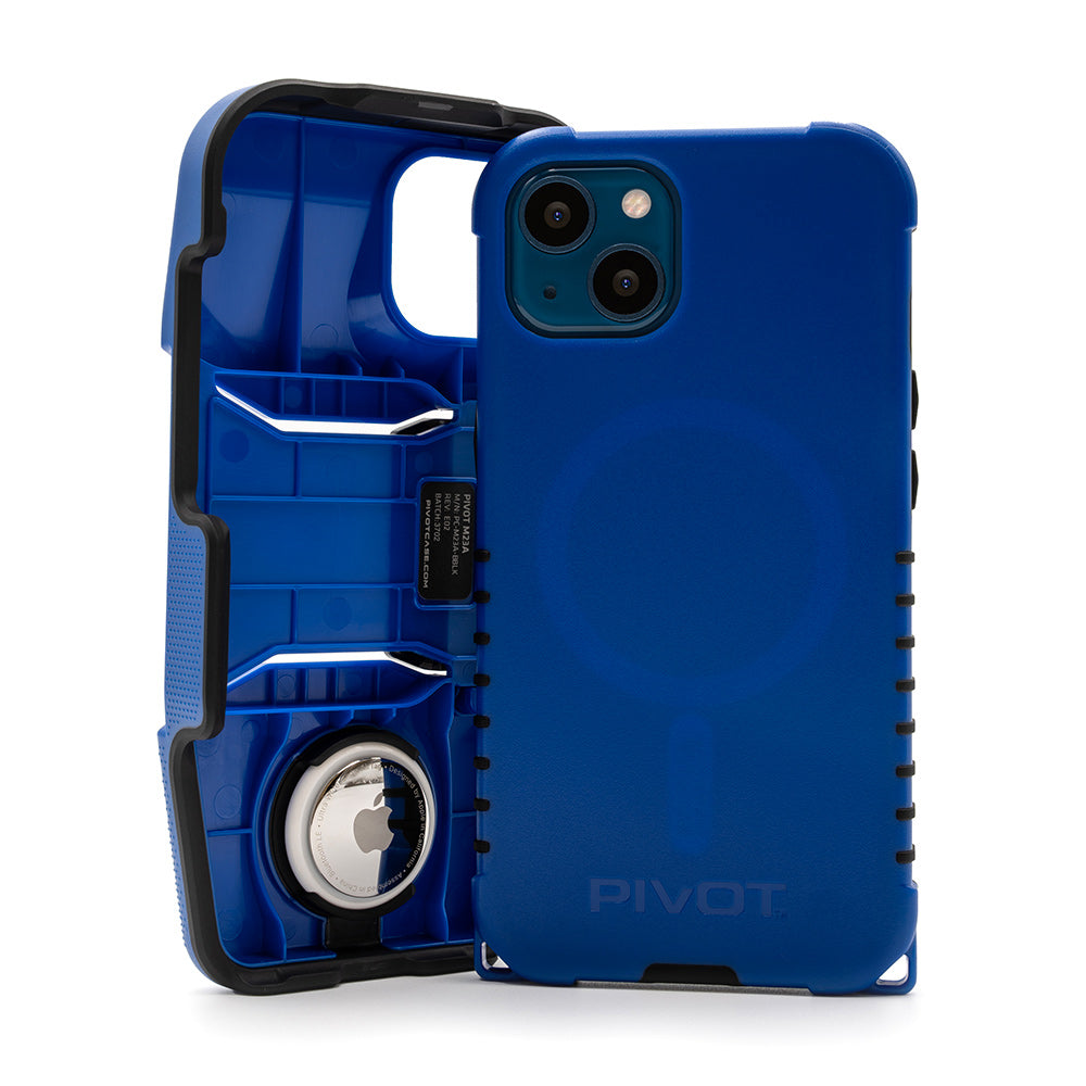 Blue M23A, compatible with iPhone 13 and iPhone 14, featuring a built-in compartment shown open and closed. The open view reveals internal slots and a small Apple AirTag holder. The closed view highlights the protective back and camera cut-outs, with the brand name "PIVOT" embossed at the bottom.