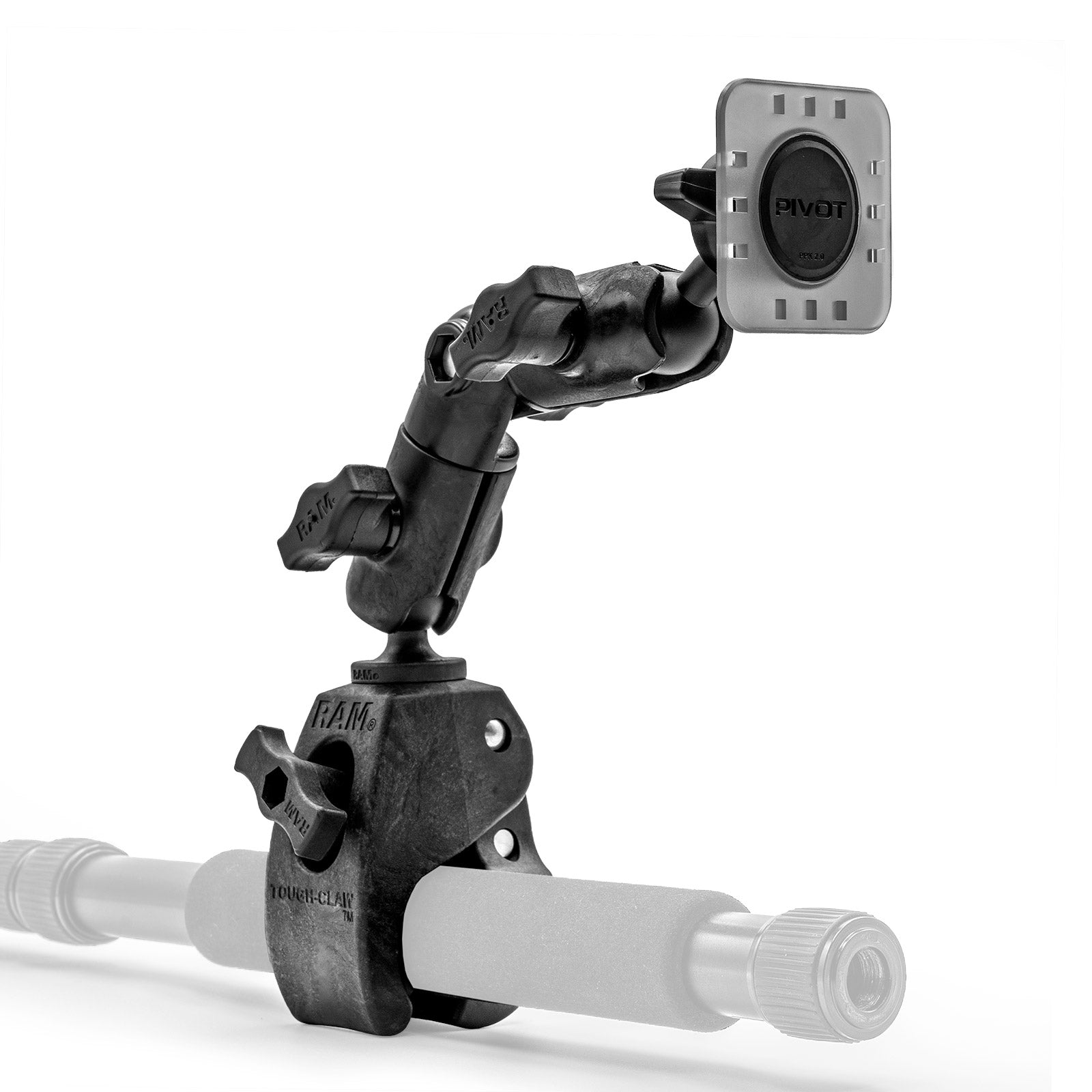 A black PIVOT Articulating Claw Mount - NEW attached to a cylindrical bar. The holder has an adjustable arm with several joints, a clamp mechanism, and a square magnetic mount at the top labeled "PIVOT." The bar is orientated horizontally.