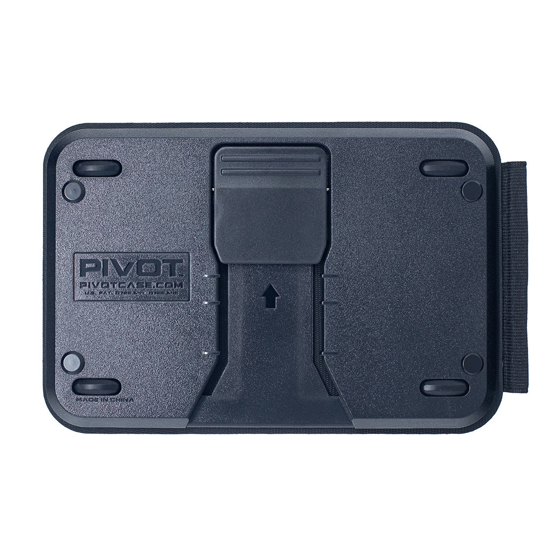 A black rectangular device, possibly a mounting bracket or holder, is shown against a white background. The device has a central clip or latch mechanism, four rounded corners, and the text "PIVOT" along with a website and "MADE IN USA" on the left side. PIVOT Clipboard combines past, present, and future innovation.