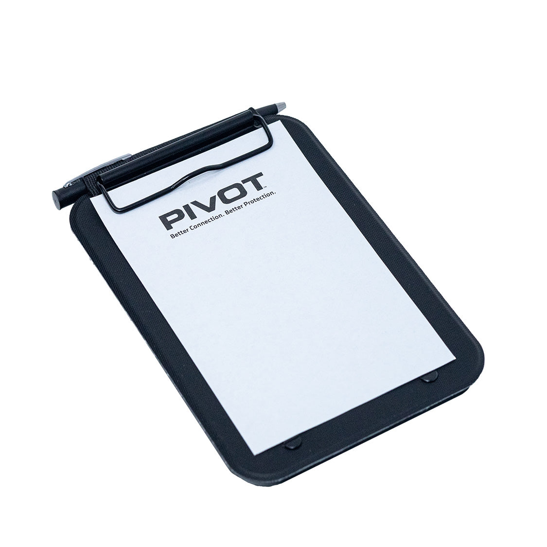 A small black Clipboard with a white sheet of paper secured under the clip. The paper has the word "PIVOT" printed at the top. The Clipboard, ideal for PIVOT Mounting Solutions, features a slightly cushioned and textured surface for easy grip.