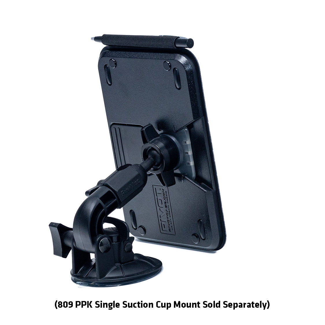 A black Clipboard with a mounted suction base. The Clipboard has an adjustable head and a snug grip for securing a device. Text at the bottom reads, "(809 PPK Single Suction Cup Mount Sold Separately)." Proudly brought to you by PIVOT. The background is white.