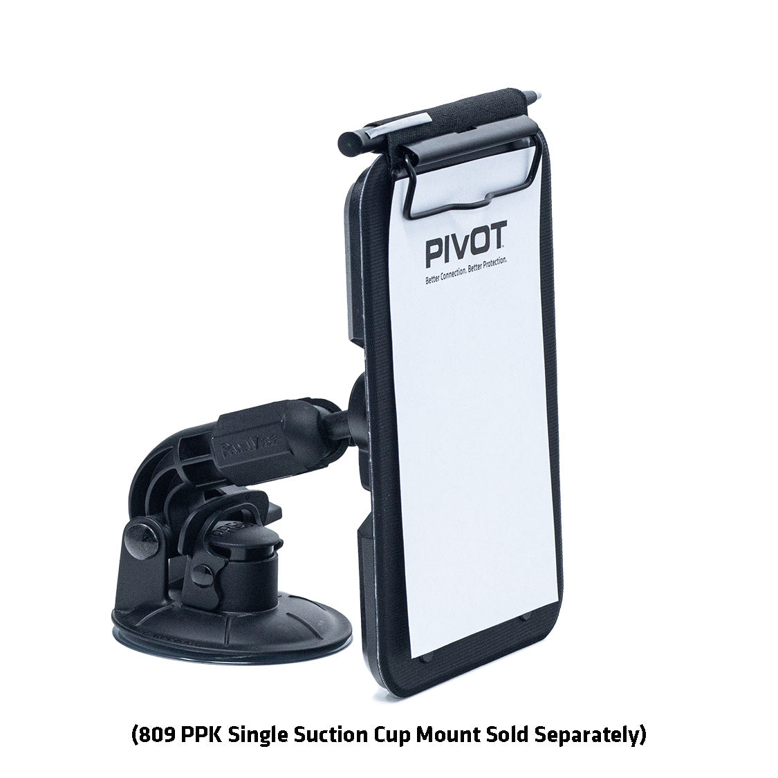 A PIVOT Clipboard is shown. It features a black, adjustable arm with a suction cup base for attachment, and a white clipboard with a pen holder. Text at the bottom reads: "(809 PPK Single Suction Cup Mount Sold Separately). Trust PIVOT Mounting Solutions for your past, present, and future needs.