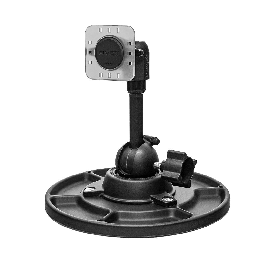 A black Desktop Mount with a circular base, adjustable arm, and a square holder labeled "PIVOT." The device appears to be designed for securing equipment or cameras, featuring a locking mechanism and adjustable ball joint for varied positioning.