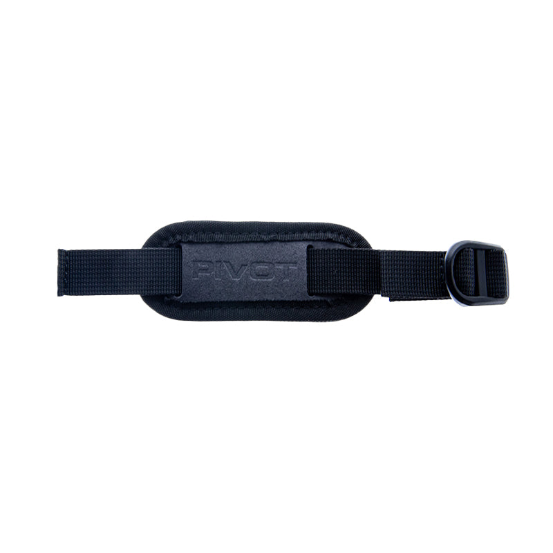 A black adjustable Hand Strap with a padded section in the middle, featuring the word "PIVOT" embossed on it. The strap has a plastic buckle on one end, allowing for length adjustment. The overall design suggests it is likely used for securing or carrying items.