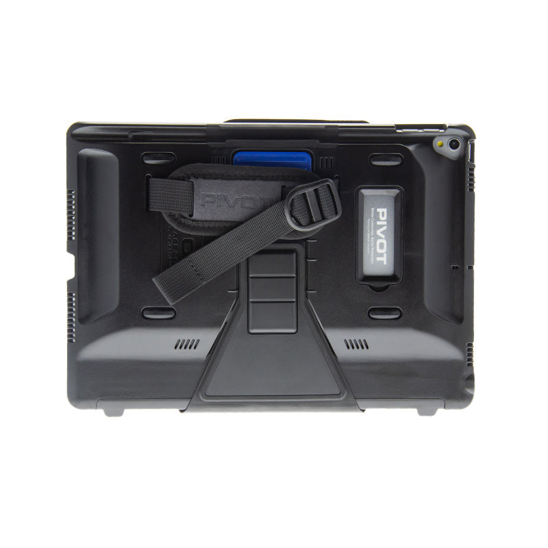 The image shows the back of a tablet enclosed in a rugged, black protective case. The case features an adjustable PIVOT Hand Strap, a kickstand, and a slot labeled "PIVOT". Two small blue and black accessories are also attached near the hand strap.