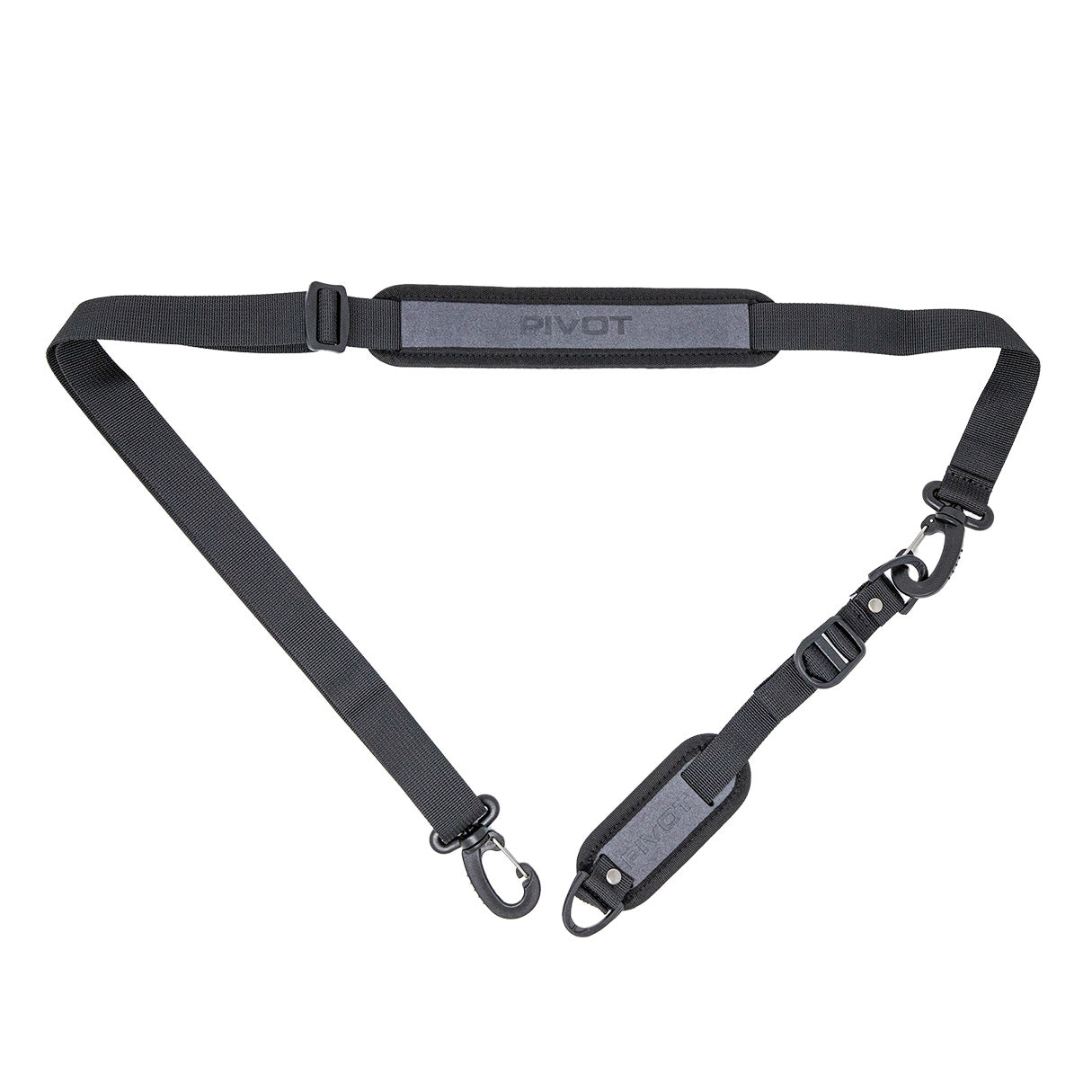 A black adjustable **PIVOT Shoulder Strap** with metal swivel hooks at both ends. It features a padded section for comfort and the word "PIVOT" printed on it. The design incorporates quick-release buckles for easy detachment.