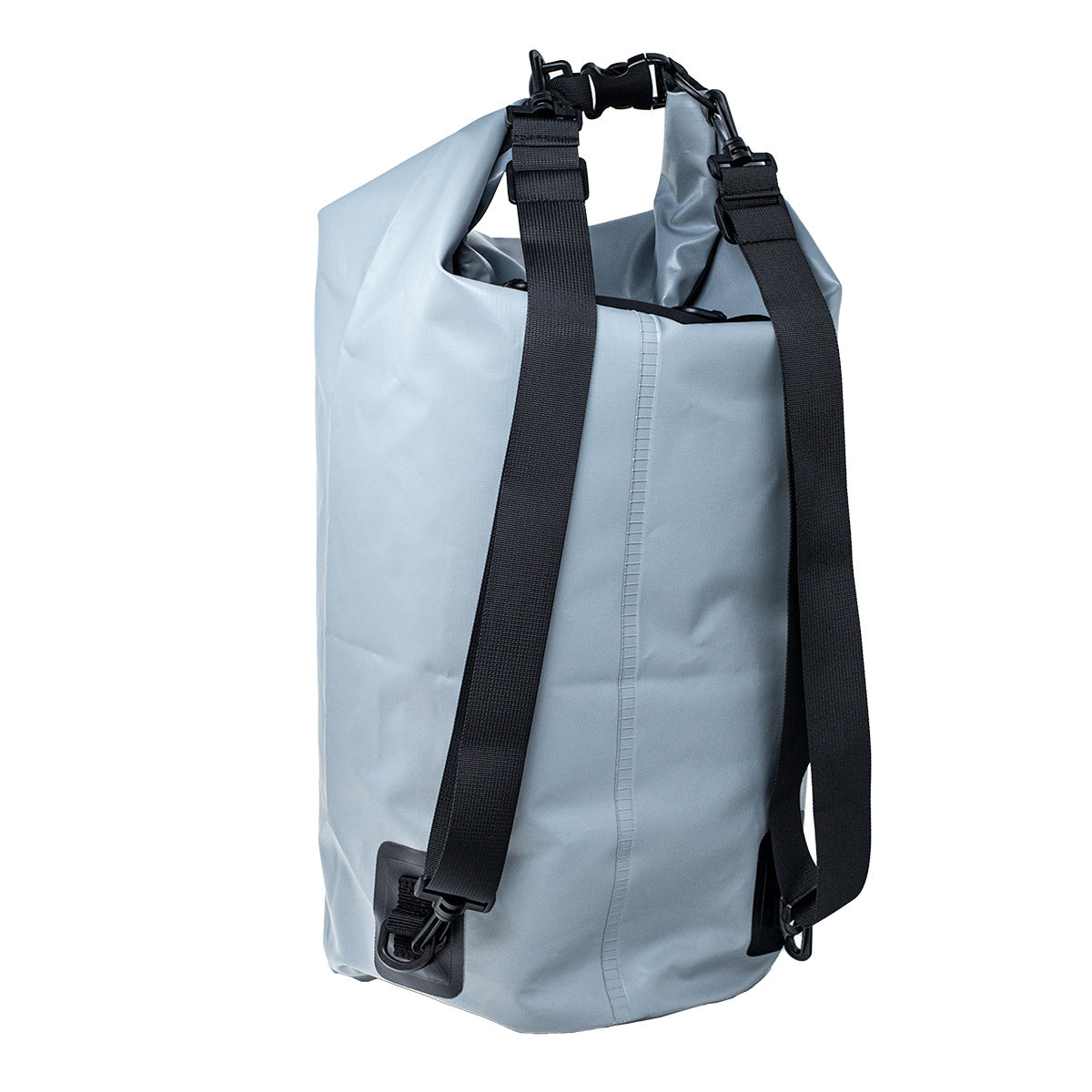 A grey, PIVOT Wet Dry Bag with black adjustable shoulder straps and buckles. The bag appears durable and designed for protecting contents from water exposure, ideal for outdoor activities. A small black patch is visible near the bottom corner.