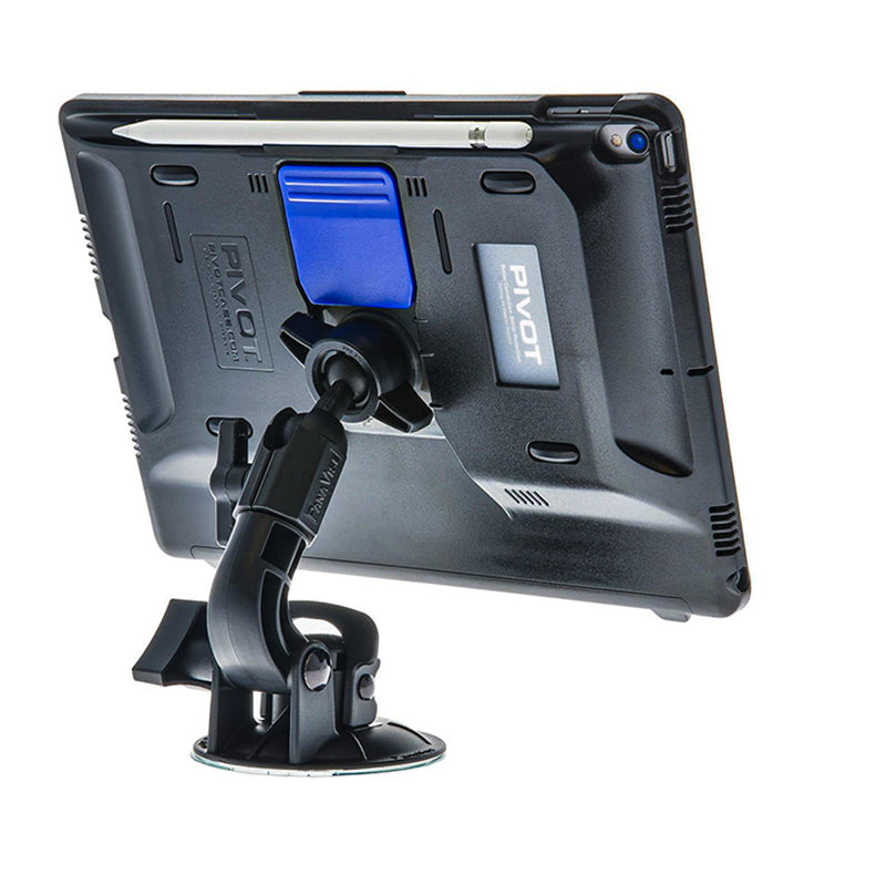 A tablet, such as a PIVOT PRO 105, mounted on a suction cup stand is shown from the rear. The mount allows for adjustable positioning of the device. A stylus is secured in a blue holder attached to the tablet's case, which appears durable and rugged.