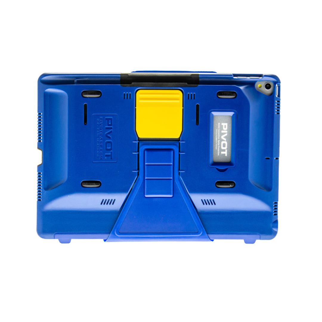 A blue protective tablet case with a yellow kickstand, perfect for iPad Air 3rd gen. The words "PIVOT" are embossed twice on the back. The rugged design features various vents and raised edges, offering added protection.