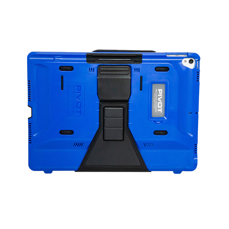 A sturdy blue tablet case for the iPad 10.2-inch with a built-in black stand in the center. The case displays the label "PIVOT 10X" and has rugged edges for enhanced protection. The top right corner features a camera cutout, and there are ventilation slots on the sides.